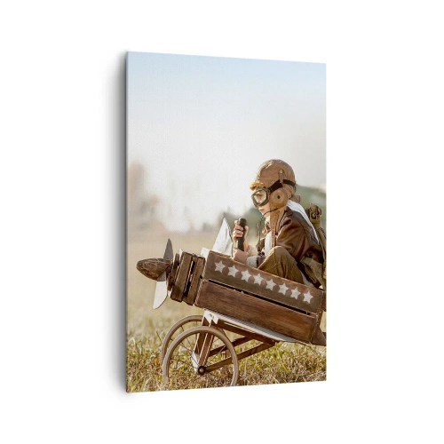 Obraz na płótnie - Dziecko w zabawkowym samolocie na tle pola - 80x120cm - Start ku marzeniu - Nowoczesna dekoracja ścienna do salonu i sypialni ARTTOR