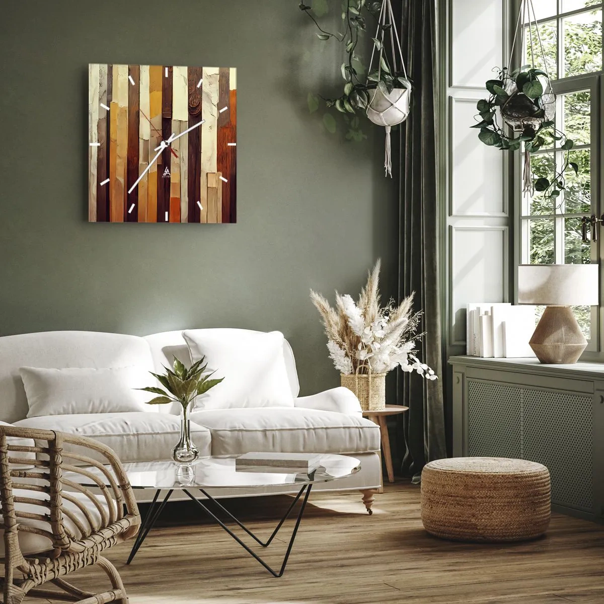 Zegar ścienny - Geometryczna kompozycja w odcieniach drewna i złota - 30x30cm - Hymn leśnych drzew - Nowoczesna dekoracja ścienna do salonu i sypialni ARTTOR