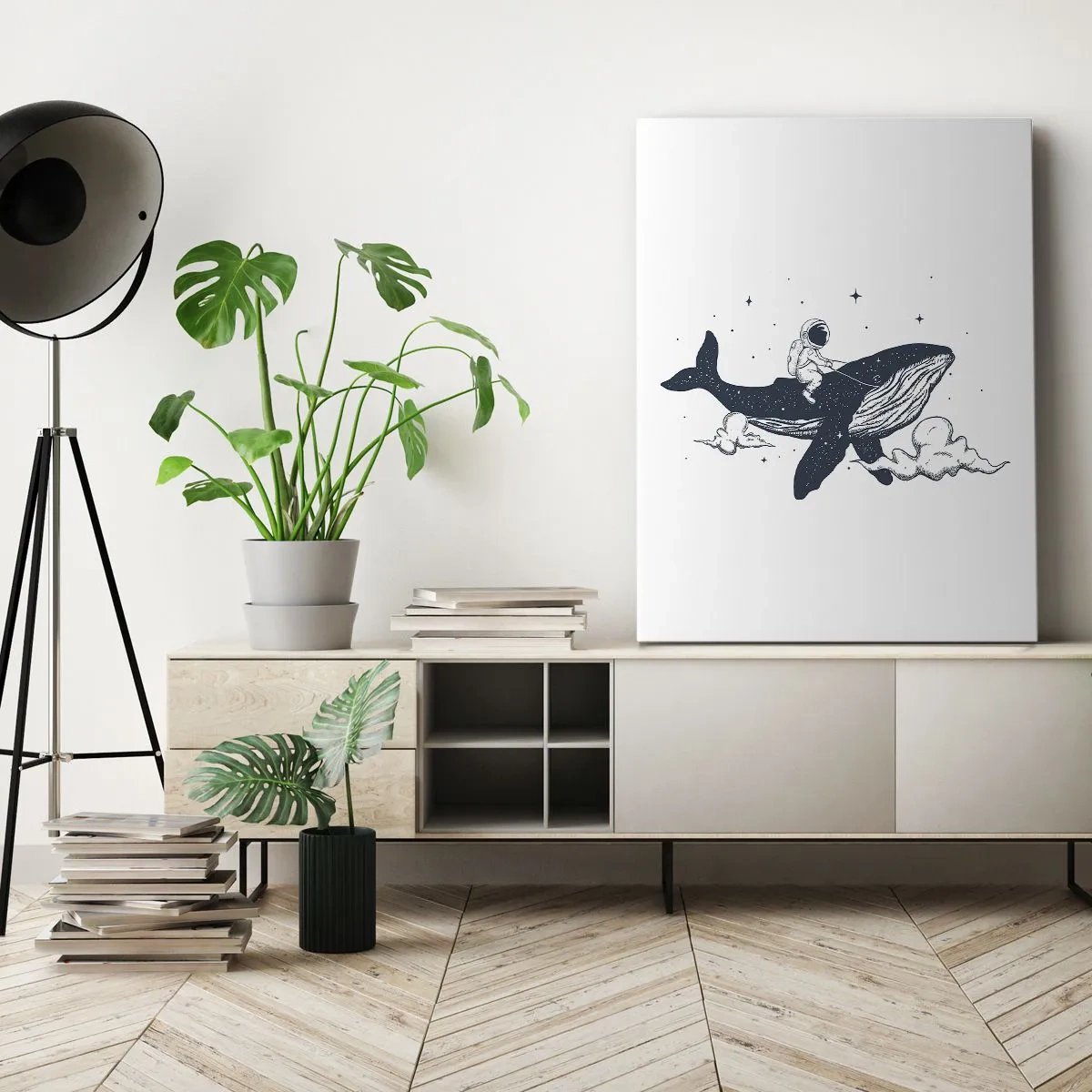 Obraz na płótnie - Ilustracja astronauty na wielorybie unoszącym się wśród chmur - 50x70cm - Kosmiczna przygoda - Nowoczesna dekoracja ścienna do salonu, kuchni i sypialni ARTTOR