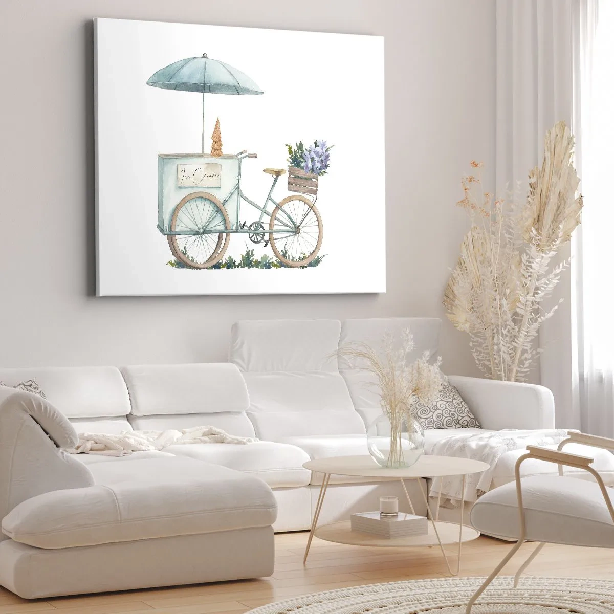 Obraz na płótnie - Rower z lodami i kwiatami pod parasolem w delikatnej pastelowej kolorystyce - 70x50cm - Słodkie wspomnienie lata - Nowoczesna dekoracja ścienna do salonu i sypialni ARTTOR