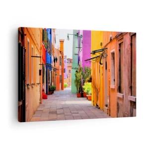 Obraz na płótnie - Kolorowa uliczka z kamienicami w jasnych odcieniach - 70x50cm - Tęczowy zaułek - Nowoczesna dekoracja ścienna do salonu i sypialni ARTTOR