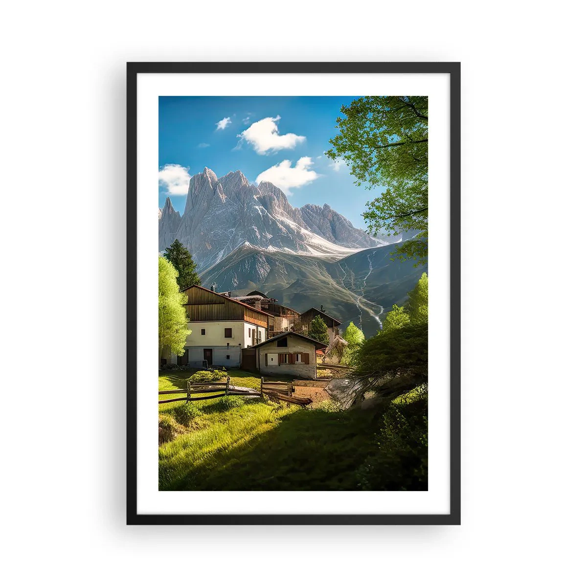 Plakat w czarnej ramie - Górska wioska u podnóża majestatycznych szczytów - 50x70cm - Alpejska sielanka - Nowoczesna dekoracja ścienna do salonu i sypialni ARTTOR