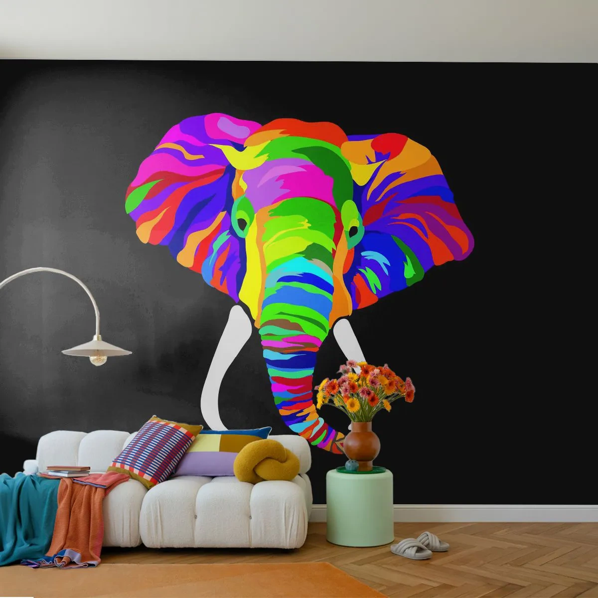 Fototapeta Premium Sand - Kolorowy słoń na czarnym tle w stylu pop-art - 100x70cm - Słoń, który kochał kąpać się w tęczy - Nowoczesna dekoracja ścienna do salonu, kuchni i sypialni ARTTOR