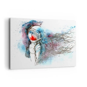 Obraz na płótnie - Kosmonauta w dynamicznej akwareli z kosmicznymi detalami - 120x80cm - Sam na sam z kosmosem - Nowoczesna dekoracja ścienna do salonu, kuchni i sypialni ARTTOR