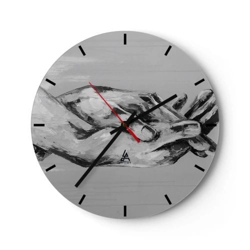 Zegar ścienny - Symboliczne dłonie w szarościach uchwycone w artystycznym stylu - 30x30cm - Początek… - Nowoczesna dekoracja ścienna do salonu, kuchni i sypialni ARTTOR