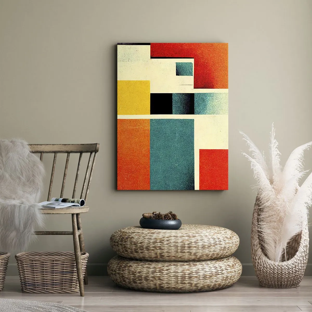 Obraz na płótnie - Abstrakcyjna kompozycja geometryczna z kolorowymi prostokątami - 50x70cm - Abstrakcja geometryczna – dobra energia - Nowoczesna dekoracja ścienna do salonu, kuchni i sypialni ARTTOR