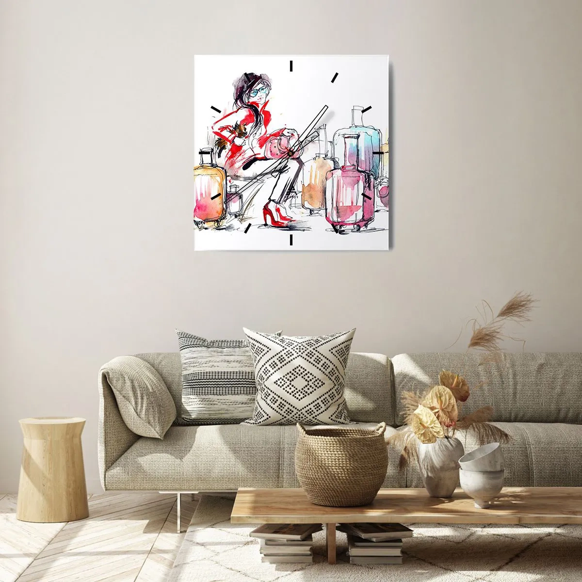 Zegar ścienny - Kobieta z walizkami w dynamicznej akwarelowej ilustracji - 30x30cm - Siądźmy przed podróżą - Nowoczesna dekoracja ścienna do salonu i sypialni ARTTOR