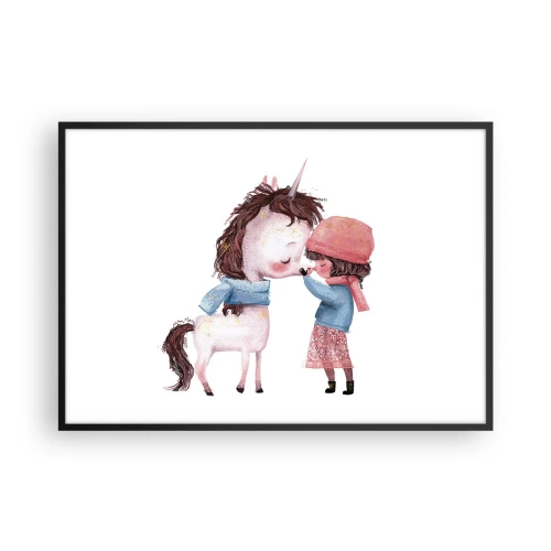 Plakat w czarnej ramie - Dziewczynka i jednorożec w zimowej scenerii - 100x70cm - Zimowa opowieść - Nowoczesna dekoracja ścienna do salonu i sypialni ARTTOR