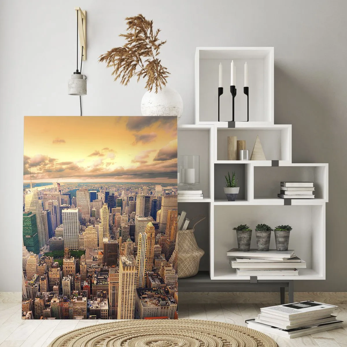 Obraz na szkle - Panorama miasta z wieżowcami o zachodzie słońca - 50x70cm - Wyzłocone metropolis - Nowoczesna dekoracja ścienna do salonu, kuchni i sypialni ARTTOR