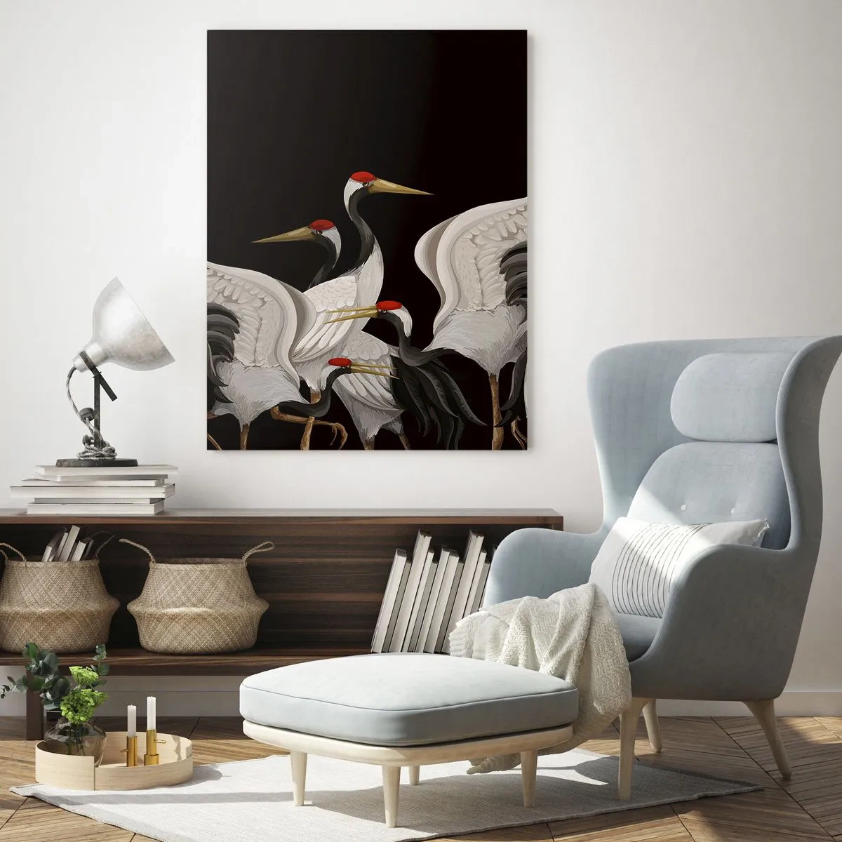 Obraz na szkle - Białe żurawie z czerwonymi głowami na czarnym tle - 50x70cm - Ptasie sprawy - Nowoczesna dekoracja ścienna do salonu, kuchni i sypialni ARTTOR