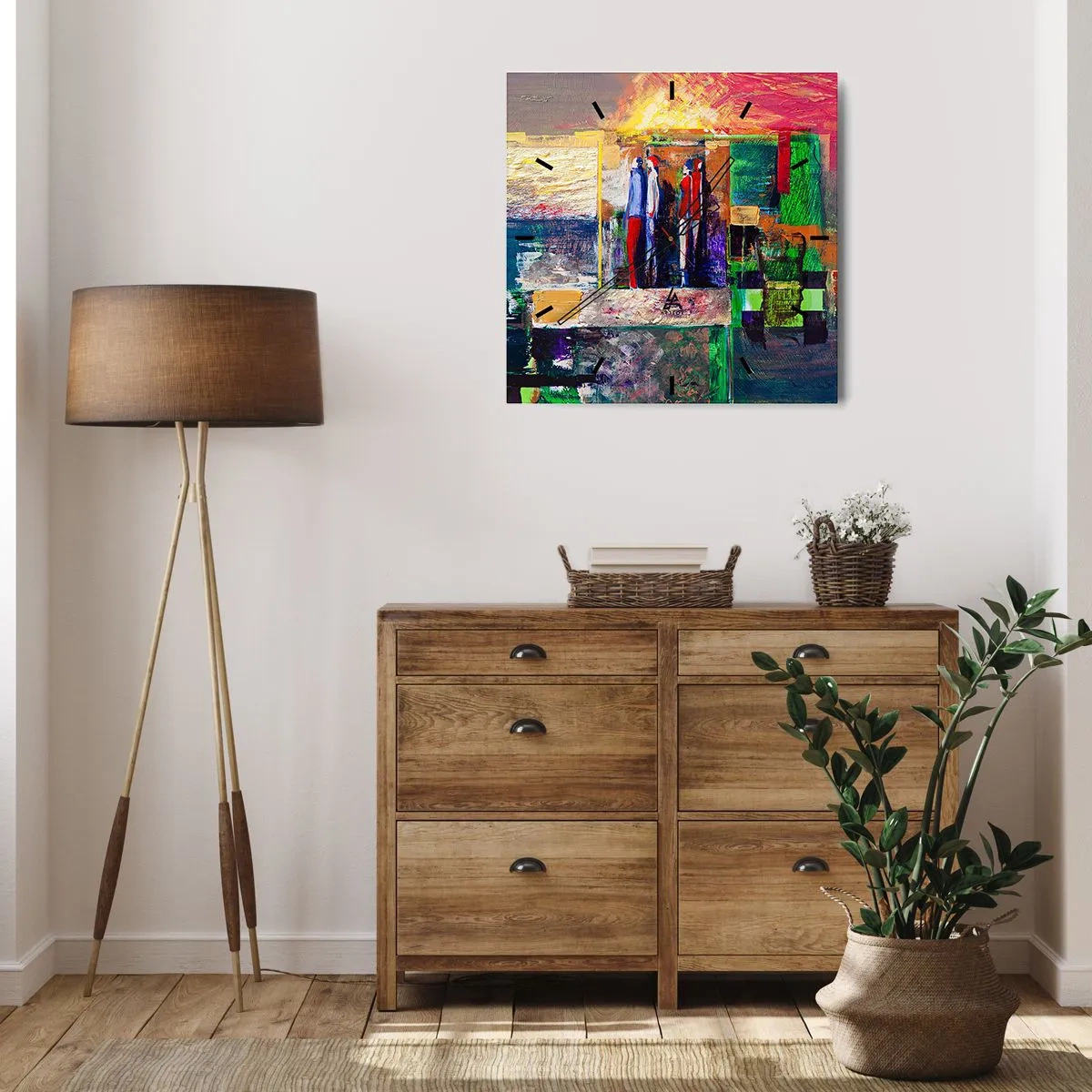 Zegar ścienny - Abstrakcyjna kompozycja z postaciami i geometrycznymi wzorami - 30x30cm - Relacje i emocje - Nowoczesna dekoracja ścienna do salonu i sypialni ARTTOR