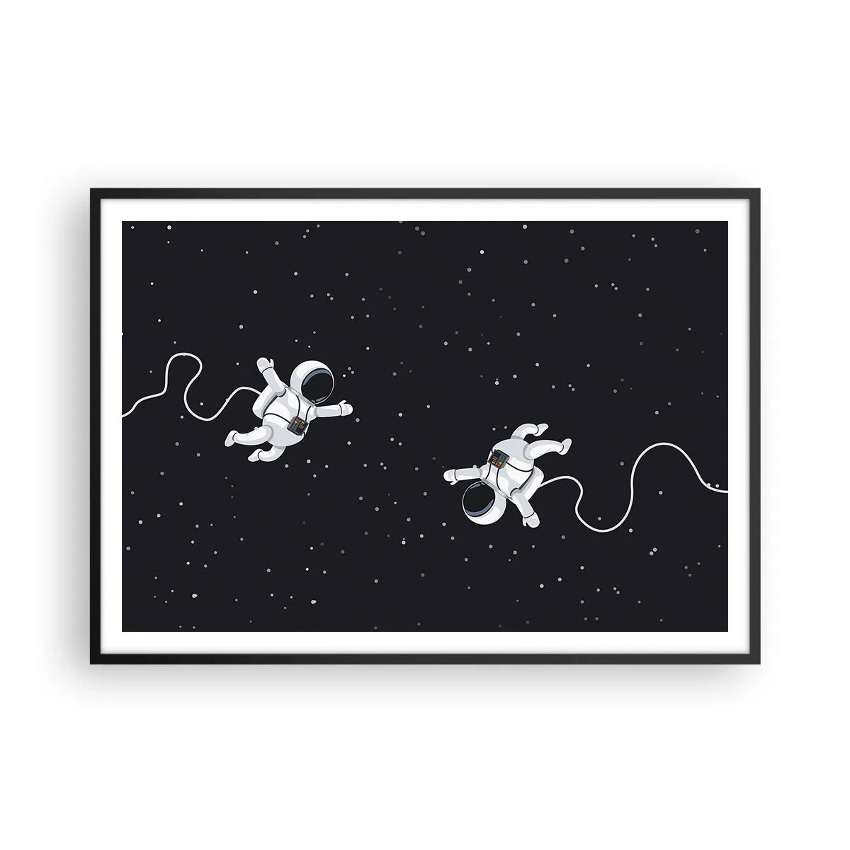 Plakat w czarnej ramie - Astronauci unoszący się w kosmosie na tle gwiazd - 100x70cm - Kosmiczny pląs - Nowoczesna dekoracja ścienna do salonu i sypialni ARTTOR