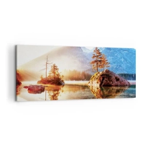 Obraz na płótnie - Jezioro z wyspami i górami w tle o wschodzie słońca - 120x50cm - Natura w nowym świetle - Nowoczesna dekoracja ścienna do salonu i sypialni ARTTOR