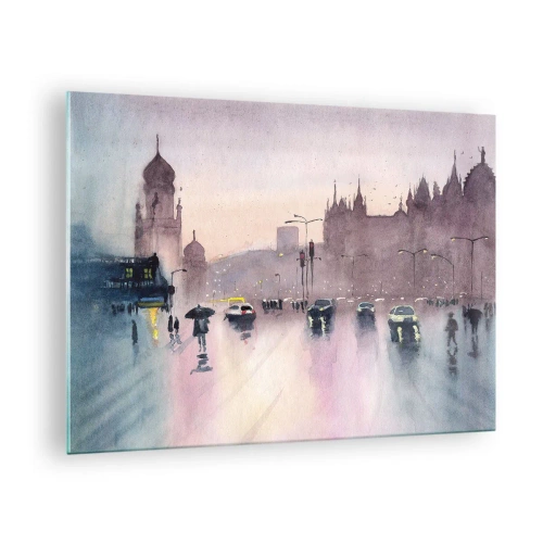 Obraz na szkle - Deszczowy pejzaż miejski - 70x50cm - W deszczowej mgiełce - Nowoczesna dekoracja ścienna do salonu i sypialni ARTTOR