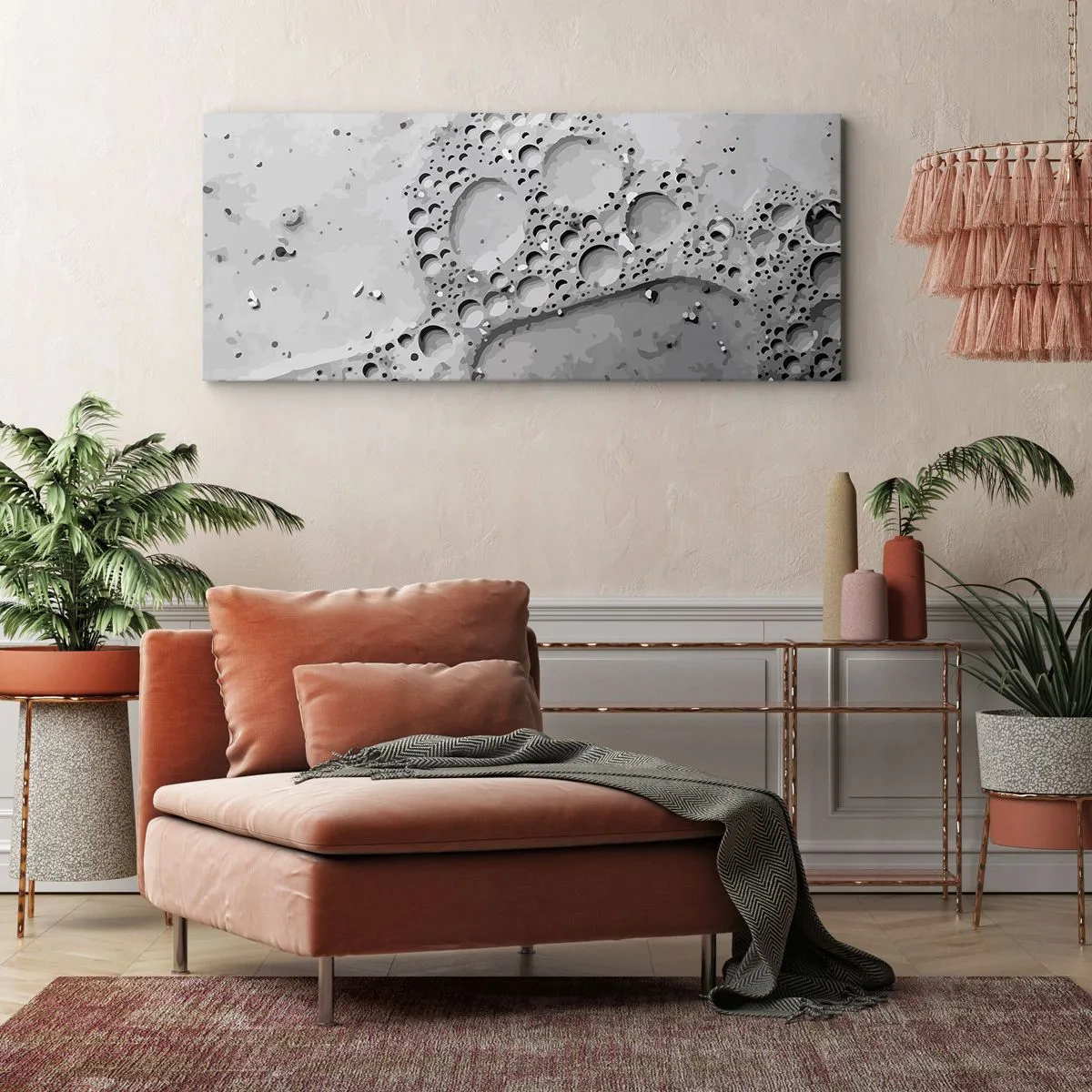Obraz na płótnie - Czarno-biały wzór bąbelków w minimalistycznym stylu - 140x50cm - Slad po spienionym - Nowoczesna dekoracja ścienna do salonu i sypialni ARTTOR