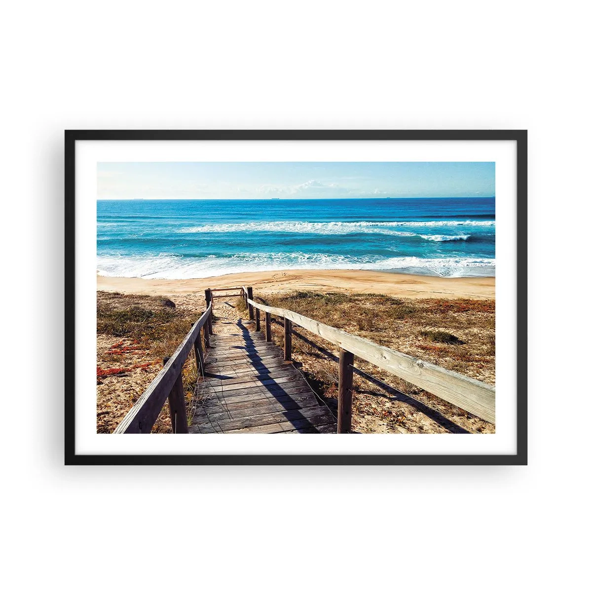 Plakat w czarnej ramie - Drewniana ścieżka prowadząca na plażę - 70x50cm - Biegnij! - Nowoczesna dekoracja ścienna do salonu i sypialni ARTTOR