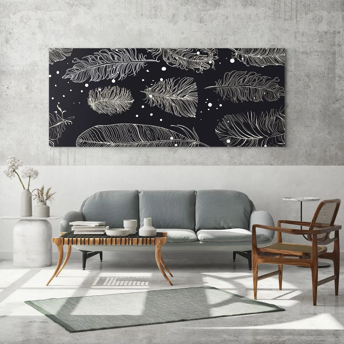 Obraz na szkle - Delikatne białe pióra na granatowym tle - 160x50cm - Pierzasta koronka - Nowoczesna dekoracja ścienna do salonu i sypialni ARTTOR