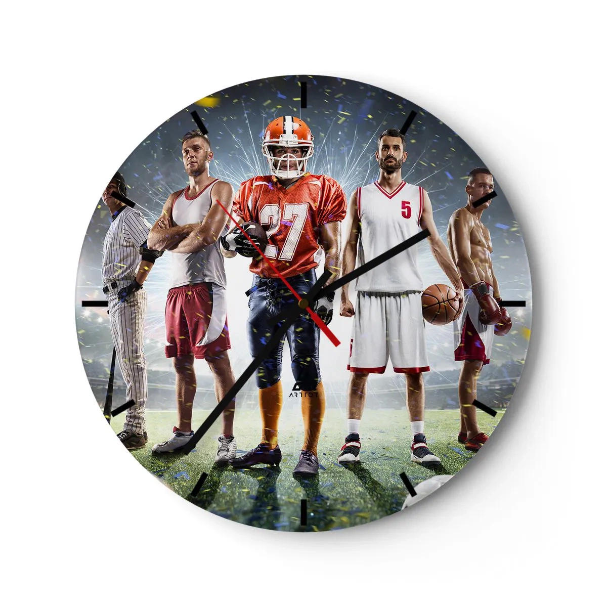 Zegar ścienny - Grupa sportowców na tle stadionu oświetlonego reflektorami - 30x30cm - Gladiatorzy boisk - Nowoczesna dekoracja ścienna do salonu, kuchni i sypialni ARTTOR
