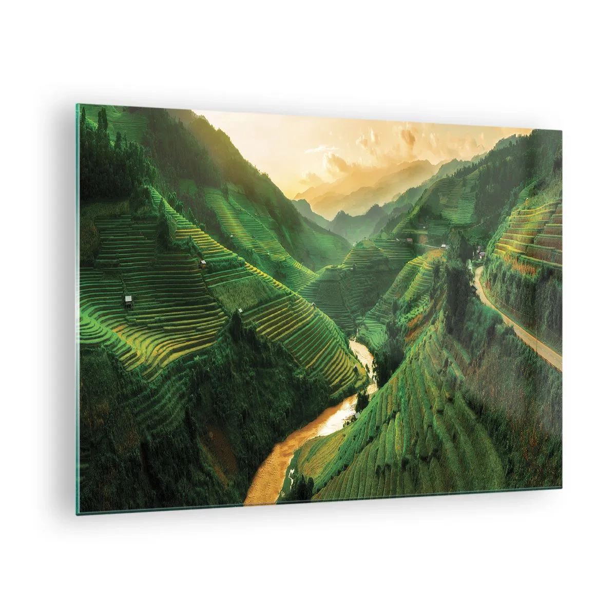 Obraz na szkle - Malownicze tarasy ryżowe w dolinie o zachodzie słońca - 70x50cm - Wietnamska dolina - Nowoczesna dekoracja ścienna do salonu i sypialni ARTTOR