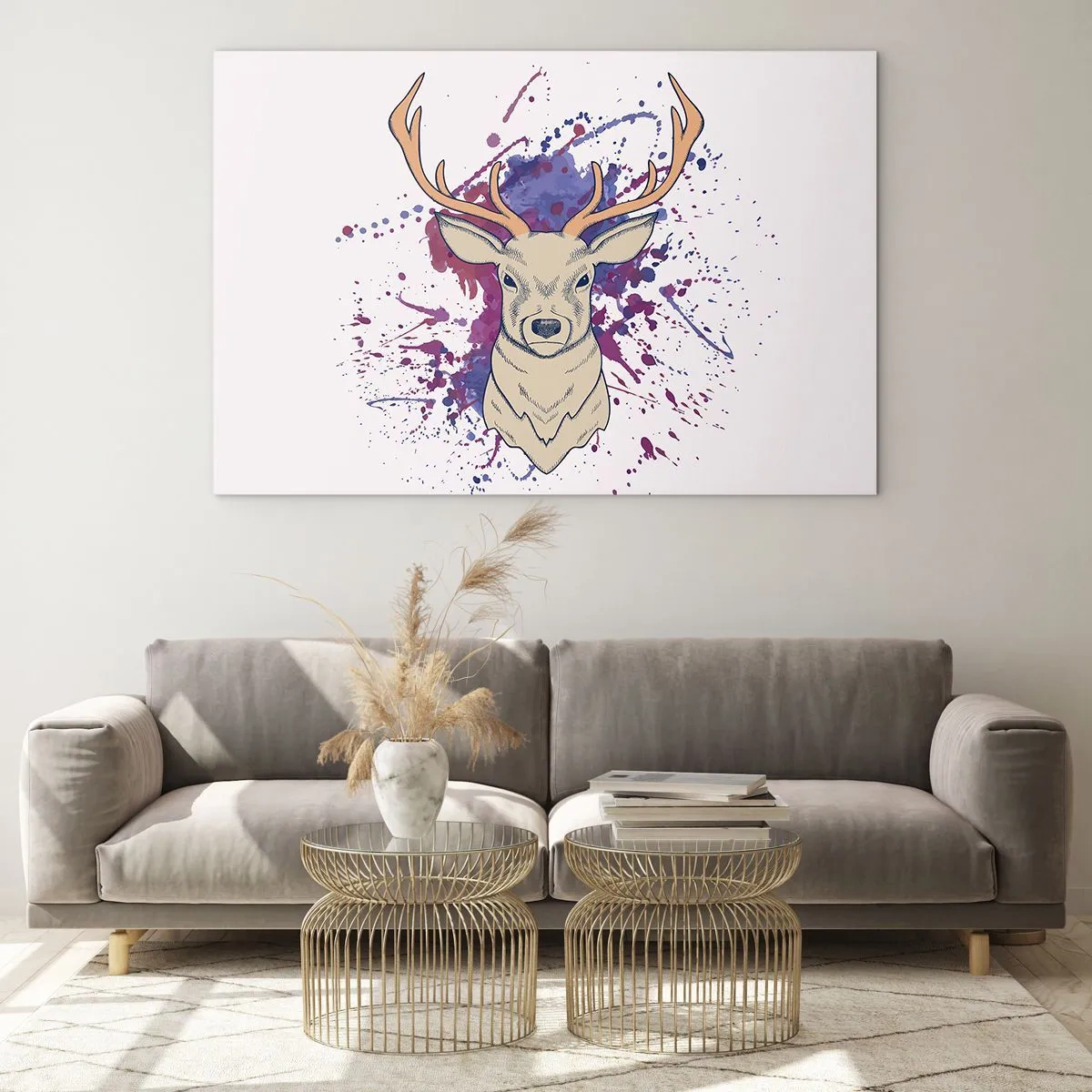 Obraz na szkle - Ilustracja jelenia z kolorowym, abstrakcyjnym tłem - 70x50cm - Odwaga i równowaga - Nowoczesna dekoracja ścienna do salonu i sypialni ARTTOR