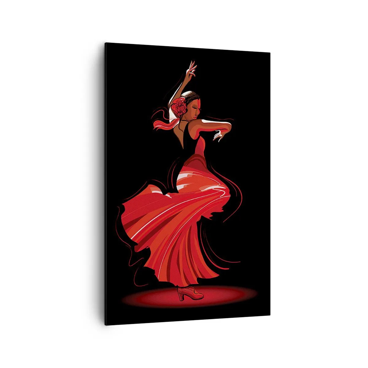Obraz na płótnie - Tancerka flamenco w czerwonej sukni na czarnym tle - 80x120cm - Ognisty duch flamenco - Nowoczesna dekoracja ścienna do salonu i sypialni ARTTOR