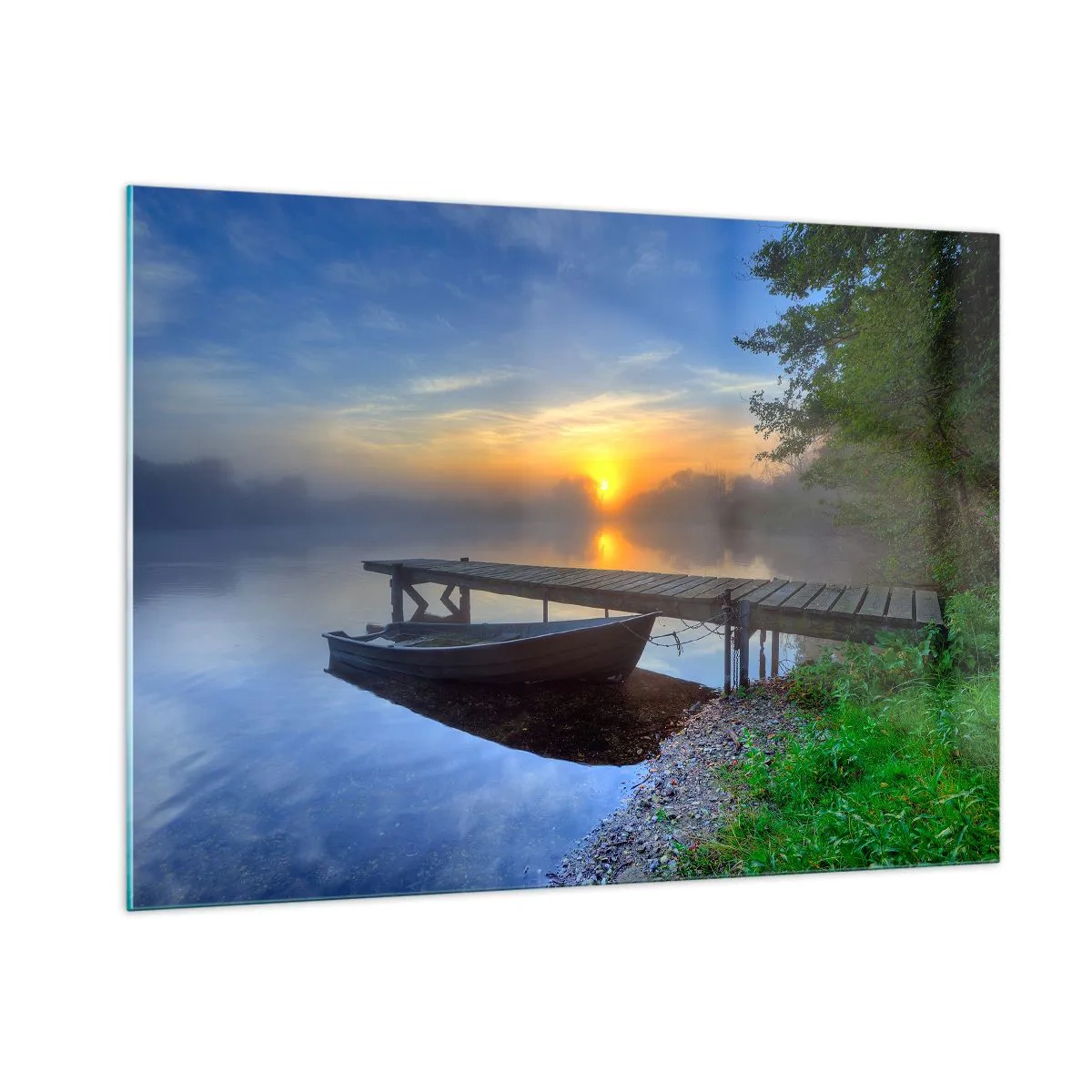 Obraz na szkle - Łódź przy pomoście o wschodzie słońca nad jeziorem - 100x70cm - Jak zwyczajne zamienia się w magiczne - Nowoczesna dekoracja ścienna do salonu, kuchni i sypialni ARTTOR