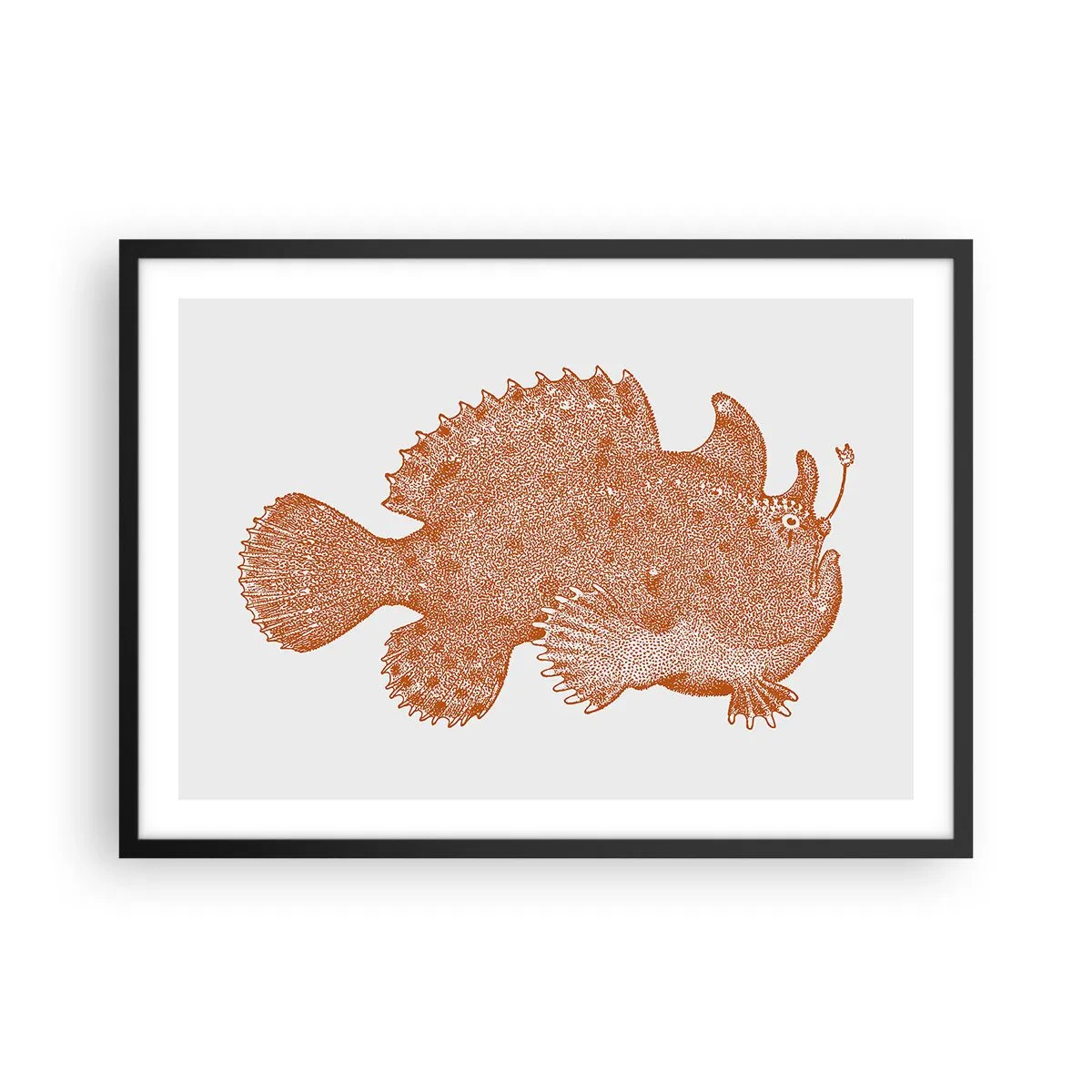 Plakat w czarnej ramie - Detaliczny rysunek ryby w kolorze miedzianym na białym tle - 70x50cm - A jednak ryba - Nowoczesna dekoracja ścienna do salonu i sypialni ARTTOR