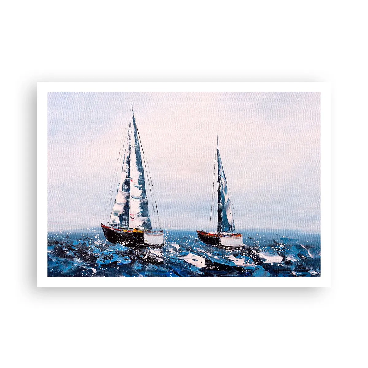 Plakat - Żaglówki na wzburzonym morzu w malarskiej kompozycji - 100x70cm - Braterstwo wiatru - Nowoczesna dekoracja ścienna do salonu i sypialni ARTTOR