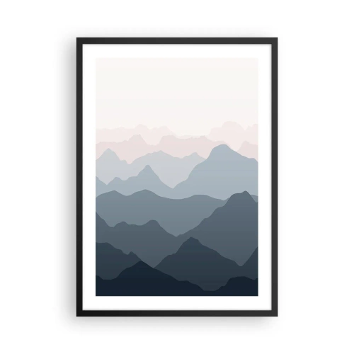 Plakat w czarnej ramie - Warstwowe pasma gór w odcieniach niebieskiego i szarości - 50x70cm - Fale gór - Nowoczesna dekoracja ścienna do salonu i sypialni ARTTOR