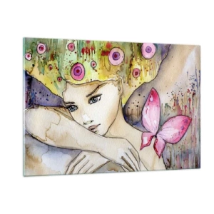 Obraz na szkle - Portret kobiety z barwną fryzurą i motylem w akwareli - 120x80cm - Motyla księżniczka - Nowoczesna dekoracja ścienna do salonu, kuchni i sypialni ARTTOR