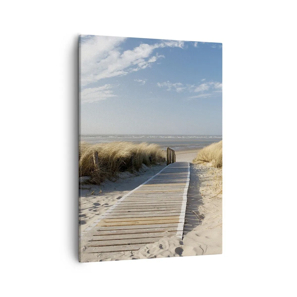Obraz na płótnie - Drewniana ścieżka prowadząca na plażę - 50x70cm - Za wydmą, w szumie traw - Nowoczesna dekoracja ścienna do salonu, kuchni i sypialni ARTTOR