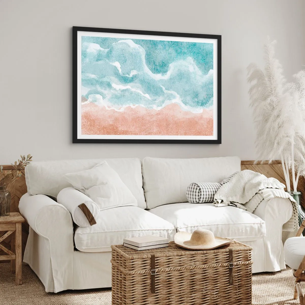 Plakat w czarnej ramie - Abstrakcyjna plaża z falami w odcieniach błękitu i beżu - 70x50cm - Abstrakcja obłoczna - Nowoczesna dekoracja ścienna do salonu i sypialni ARTTOR