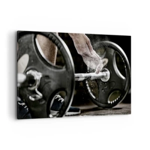 Obraz na płótnie - Hantle i ręce sportowca przygotowujące się do treningu - 120x80cm - Wyzwanie podjęte! - Nowoczesna dekoracja ścienna do salonu, kuchni i sypialni ARTTOR