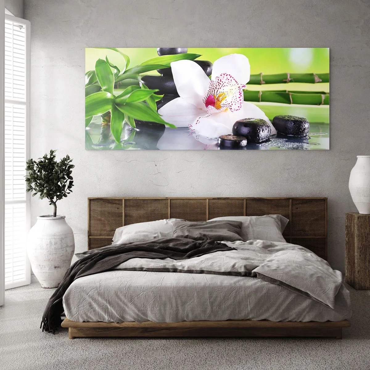Obraz na szkle - Orchidea, kamienie i bambus w harmonijnej kompozycji spa - 140x50cm - Chłodna świeżość - Nowoczesna dekoracja ścienna do salonu i sypialni ARTTOR