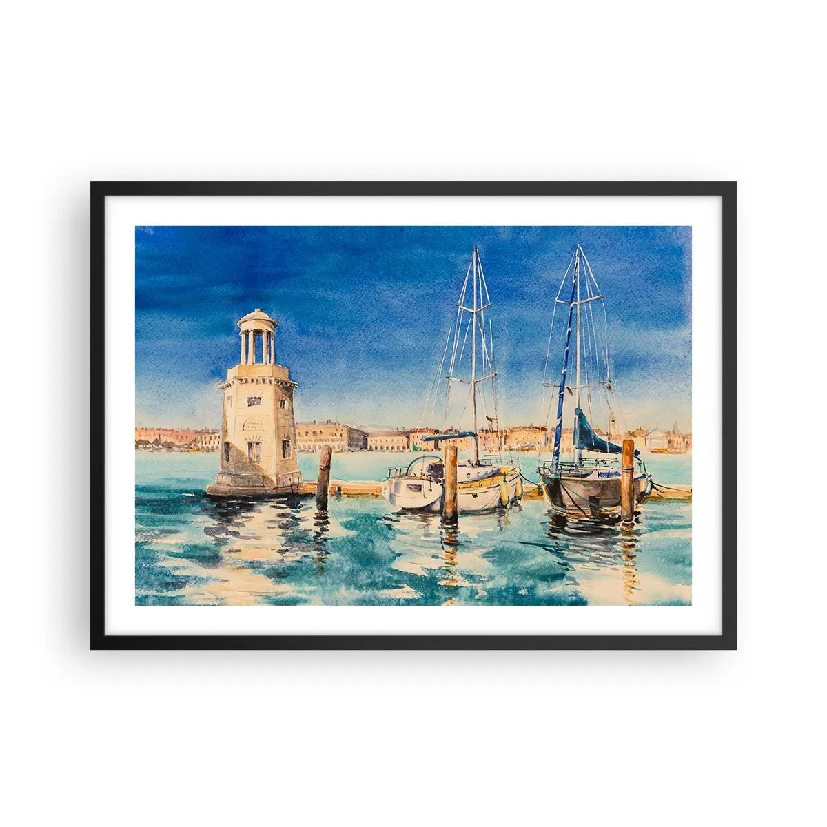 Plakat w czarnej ramie - Marina z łodziami na tle błękitnej laguny - 70x50cm - Słoneczna laguna - Nowoczesna dekoracja ścienna do salonu i sypialni ARTTOR