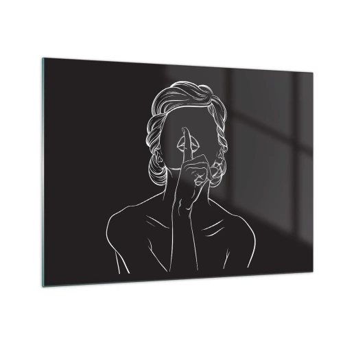 Obraz na szkle - Minimalistyczna sylwetka kobiety z gestem ciszy - 70x50cm - Piękno rozkwita w ciszy - Nowoczesna dekoracja ścienna do salonu i sypialni ARTTOR