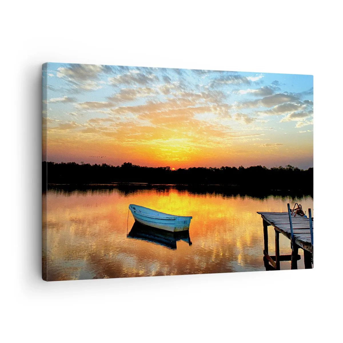 Obraz na płótnie - Łódź na spokojnym jeziorze podczas zachodu słońca - 70x50cm - Patrz, słuchaj, medytuj - Nowoczesna dekoracja ścienna do salonu i sypialni ARTTOR