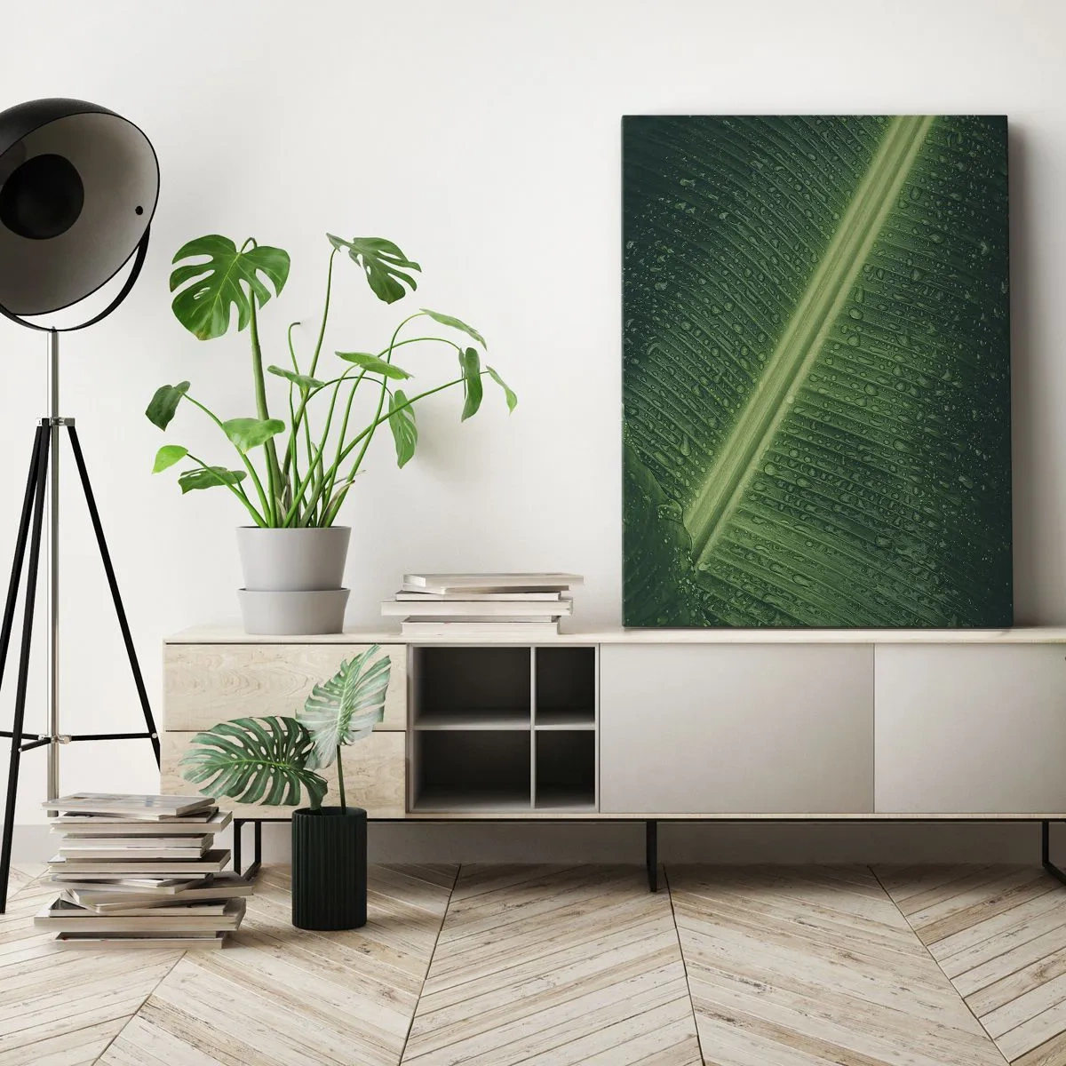 Obraz na płótnie - Zbliżenie liścia bananowca z kroplami wody na powierzchni - 50x70cm - Struktura zieleni - Nowoczesna dekoracja ścienna do salonu, kuchni i sypialni ARTTOR