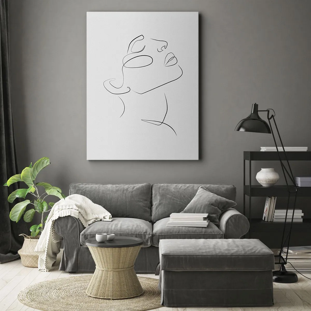 Obraz na płótnie - Minimalistyczny szkic kobiecej twarzy w profilu - 70x100cm - Meandry marzenia - Nowoczesna dekoracja ścienna do salonu i sypialni ARTTOR