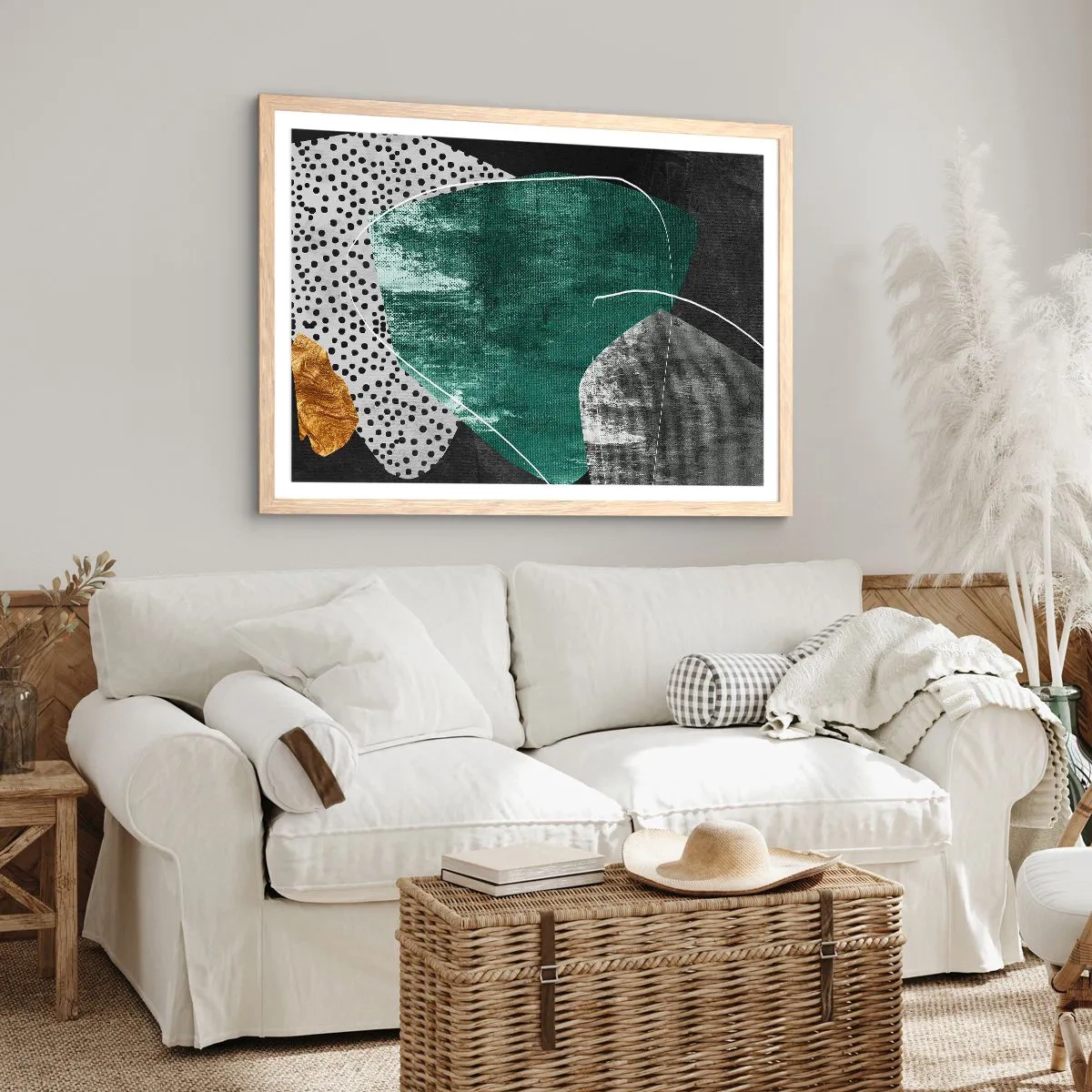 Plakat w ramie jasny dąb - Barwna abstrakcja z płatkiem złota - 40x30 cm