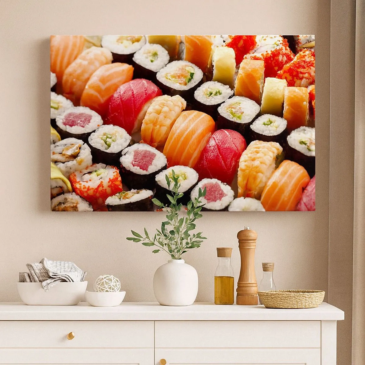 Obraz na płótnie - Kolorowe sushi ułożone w rzędy z różnorodnymi dodatkami - 70x50cm - Barwy i smaki Azji - Nowoczesna dekoracja ścienna do salonu i sypialni ARTTOR