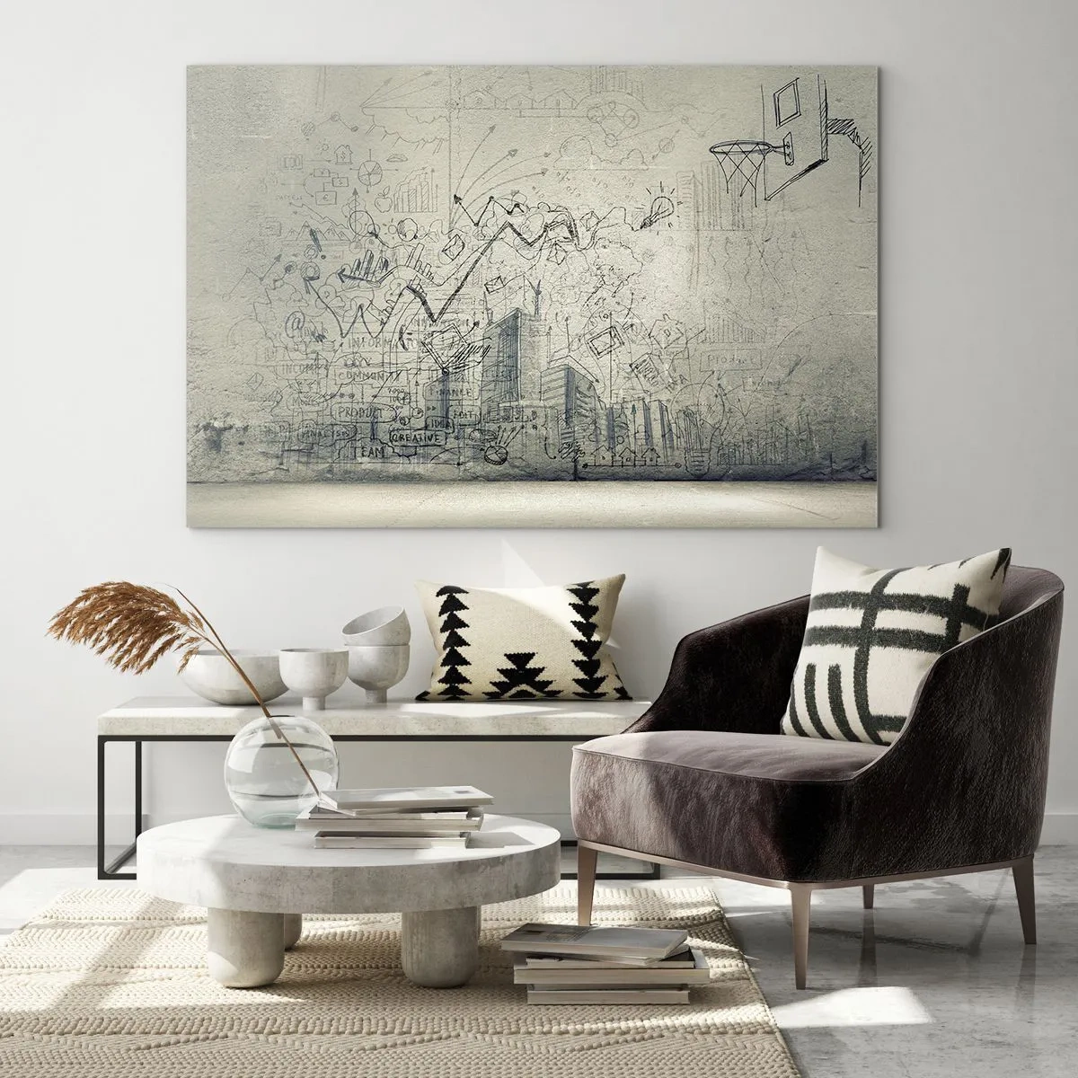 Obraz na szkle - Szkic graficzny z elementami biznesowymi i kreatywnymi - 100x70cm - Moje wspaniałe miejskie życie - Nowoczesna dekoracja ścienna do salonu, kuchni i sypialni ARTTOR