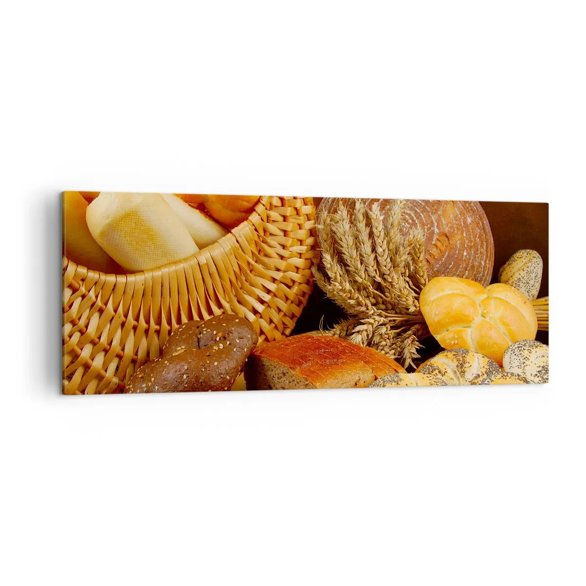 Obraz na płótnie - Różnorodne pieczywo w wiklinowym koszu na tle złotym - 140x50cm - Znowu się nam upiekło - Nowoczesna dekoracja ścienna do salonu i sypialni ARTTOR