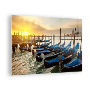 Obraz na szkle - Gondole w Wenecji o zachodzie słońca - 70x50cm - Zanim przypłynie gwar - Nowoczesna dekoracja ścienna do salonu i sypialni ARTTOR