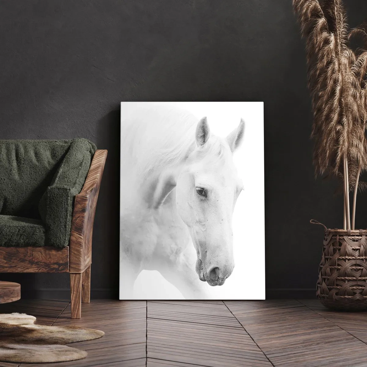 Obraz na płótnie - Delikatny portret białego konia na jasnym tle - 50x70cm - Czy to jest przyjaźń…? - Nowoczesna dekoracja ścienna do salonu, kuchni i sypialni ARTTOR