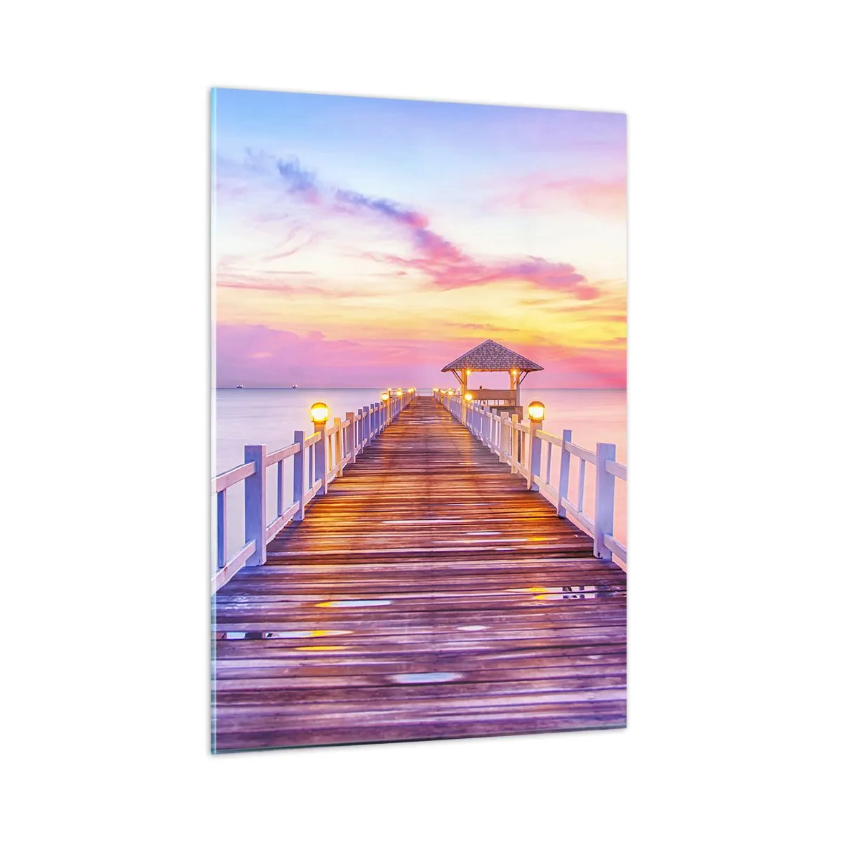 Obraz na szkle - Drewniane molo o zachodzie słońca na spokojnym morzu - 50x70cm - Liliowo-złota cisza wieczoru - Nowoczesna dekoracja ścienna do salonu, kuchni i sypialni ARTTOR