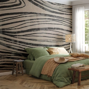 Fototapeta Premium Sand - Abstrakcyjne linie w odcieniach czerni na beżowym tle - 100x70cm - Rozlewisko linii - Nowoczesna dekoracja ścienna do salonu, kuchni i sypialni ARTTOR