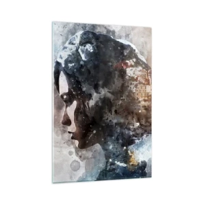 Obraz na szkle - Portret kobiety łączący twarz z miejskim krajobrazem w tle - 80x120cm - Opowieść o dziewczynie z miastem w tle - Nowoczesna dekoracja ścienna do salonu i sypialni ARTTOR