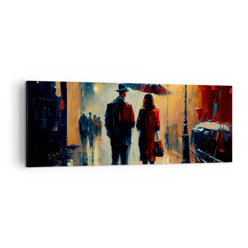 Obraz na płótnie - Spacer w deszczu pod parasolem w mieście nocą - 140x50cm - Miejska love story - Nowoczesna dekoracja ścienna do salonu i sypialni ARTTOR