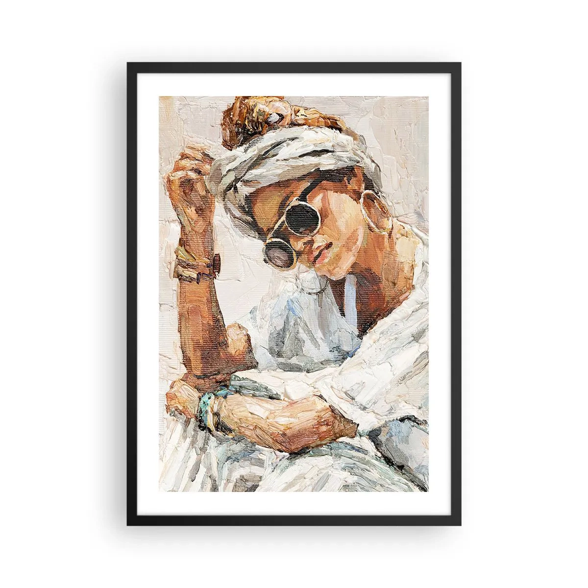 Plakat w czarnej ramie - Portret kobiety w okularach i turbanie w stylu impresjonistycznym - 50x70cm - Portret w pełnym słońcu - Nowoczesna dekoracja ścienna do salonu i sypialni ARTTOR